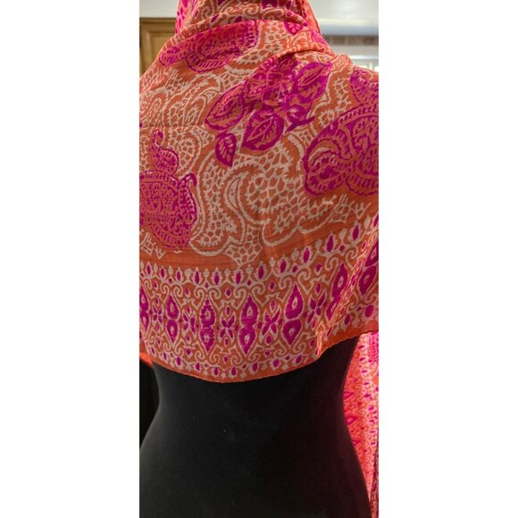 Vintage Scarf Orange And Pink Handwoven 100% Pure Silk Scarf Made in India - Picture 8 of 10